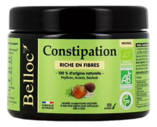 BELLOC CONSTIPATION Riche en fibres et 100 % d'origine naturelle, ce produit associe le psyllium, l'acacia et le baobab pour faciliter le transit intestinal et restaurer l'équilibre de la flore